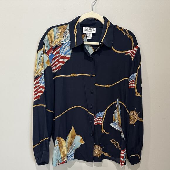 BOB MACKIE 80's Neoclassic Nautical and American Flag Silk Blouse Size 10 - Picture 1 of 4